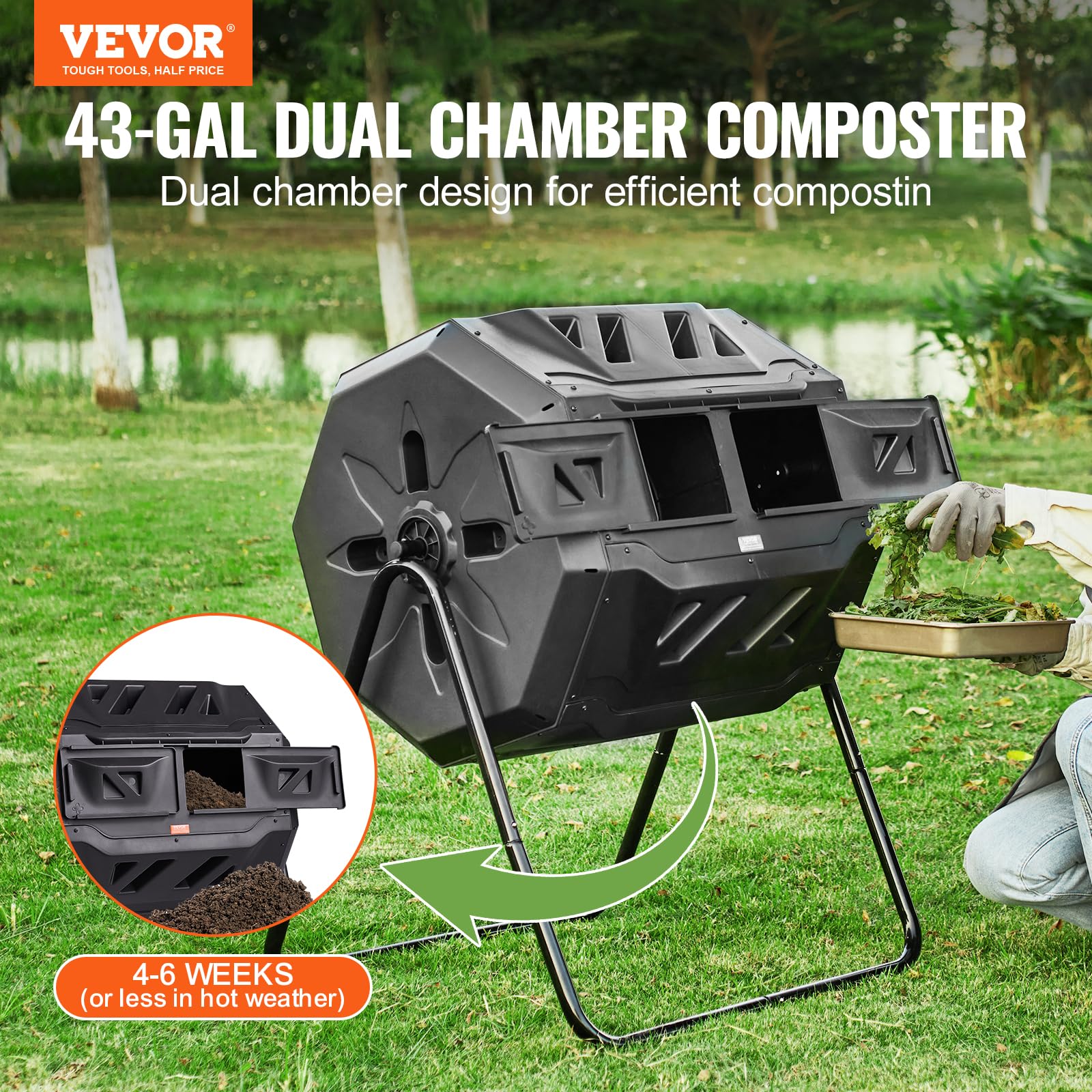 VEVOR tumbler with 360-degree rotation for faster decomposition