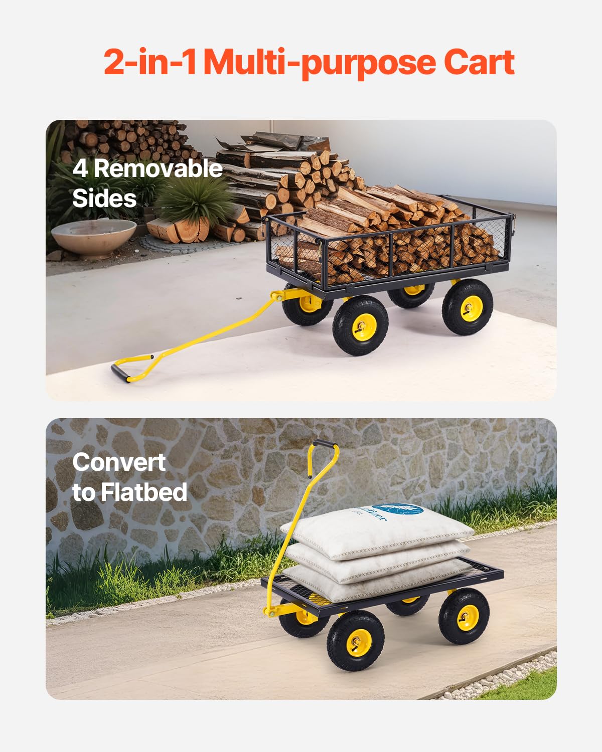 VEVOR convertible garden cart flatbed mode with mesh sides for versatile hauling
