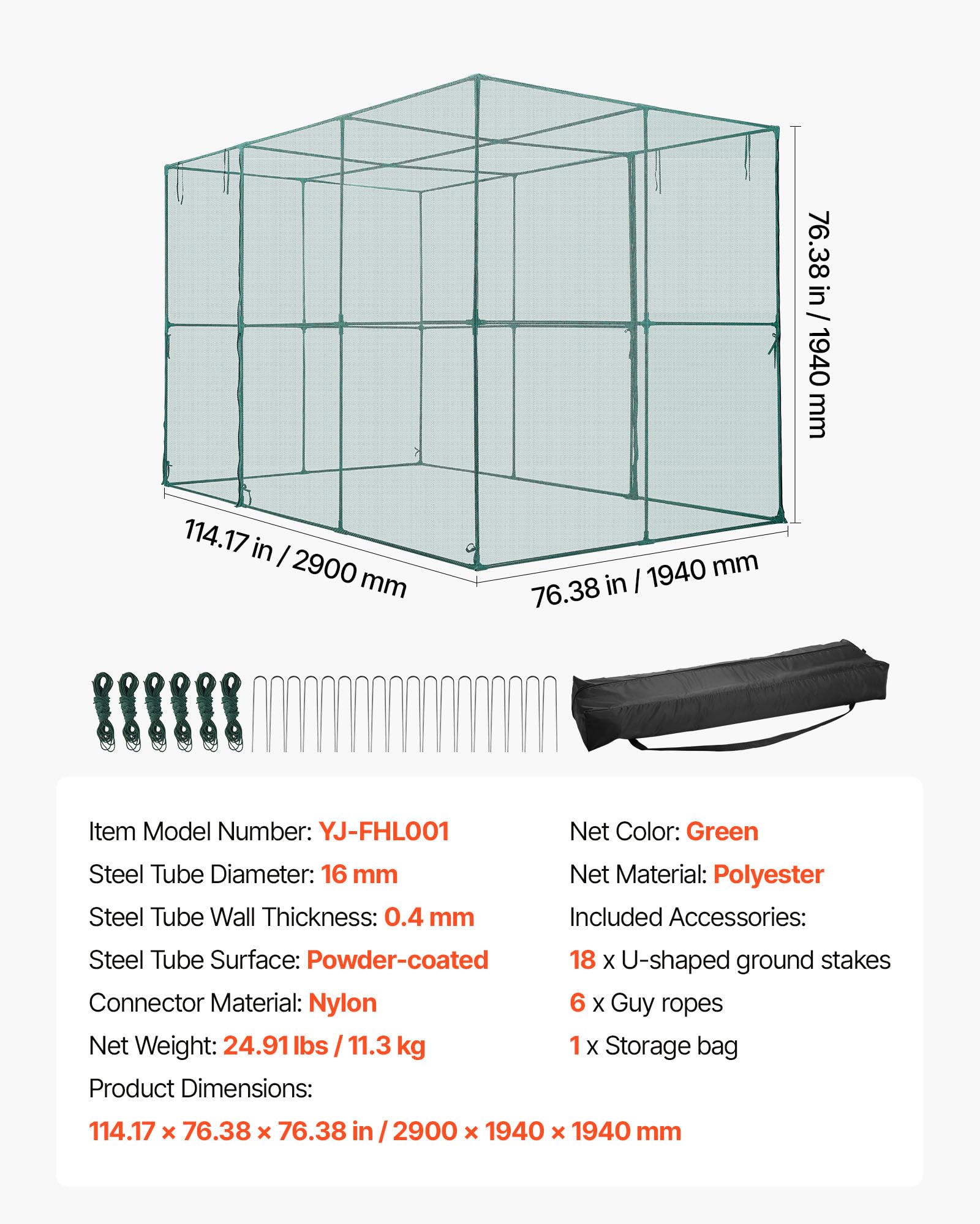 VEVOR crop cage ground stakes and guy ropes stabilize frame.
