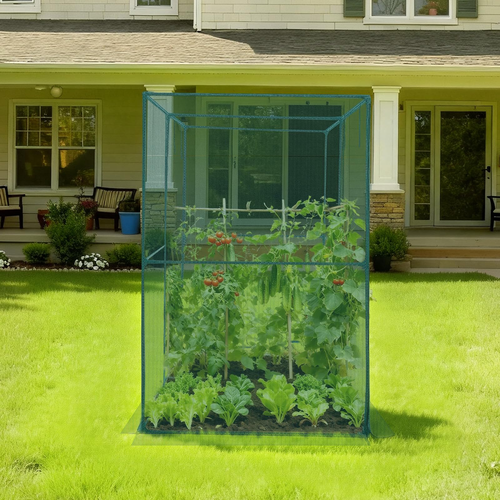 VEVOR Crop Cage in garden bed protecting tomatoes and greens.