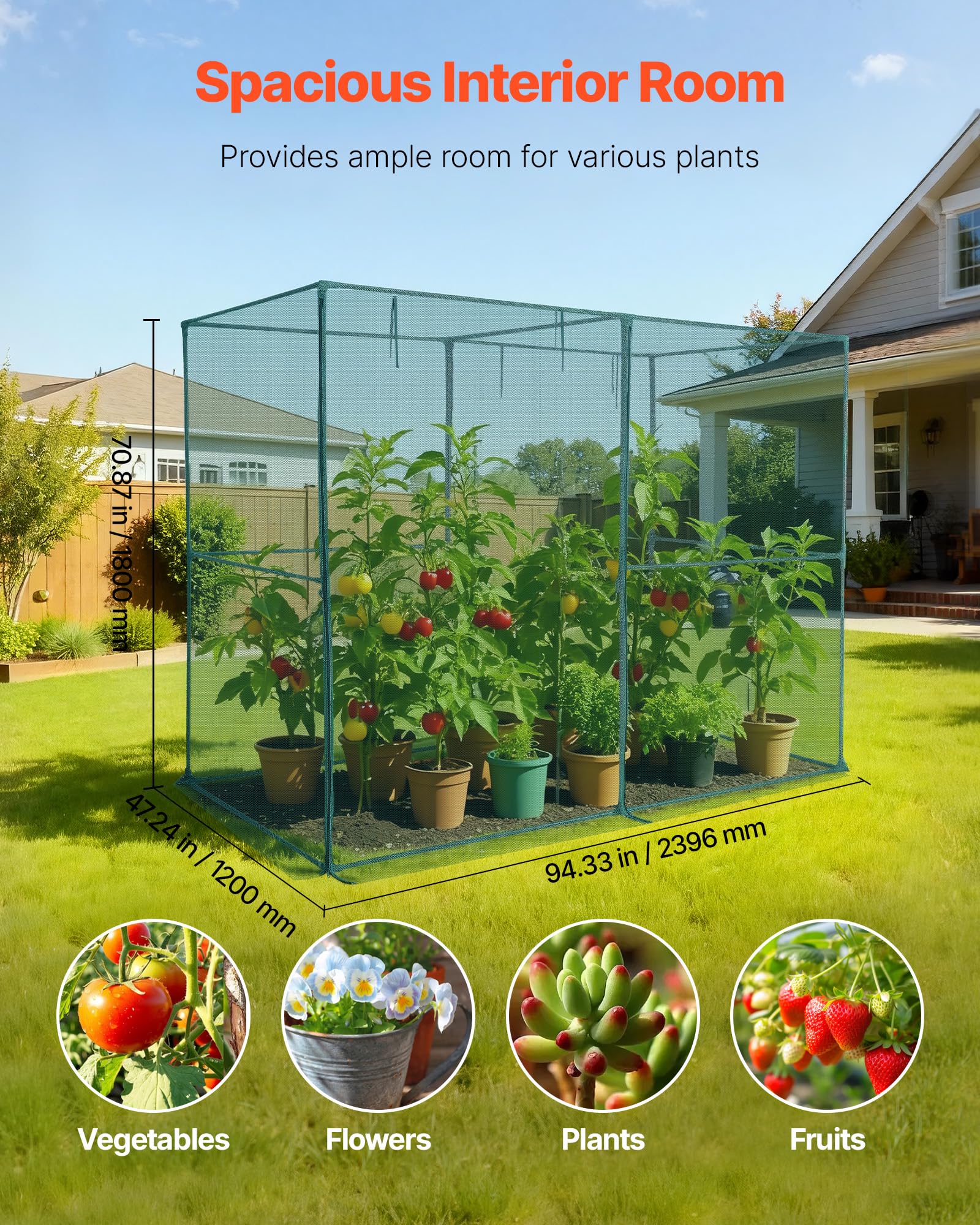 VEVOR Crop Cage side view highlights wind-resistant frame for outdoor use.