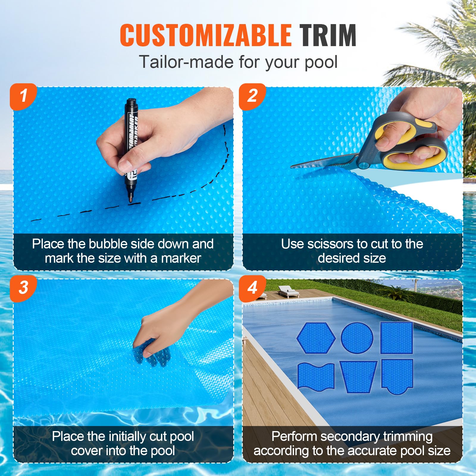 VEVOR blanket can be cut to fit any pool shape for full coverage.