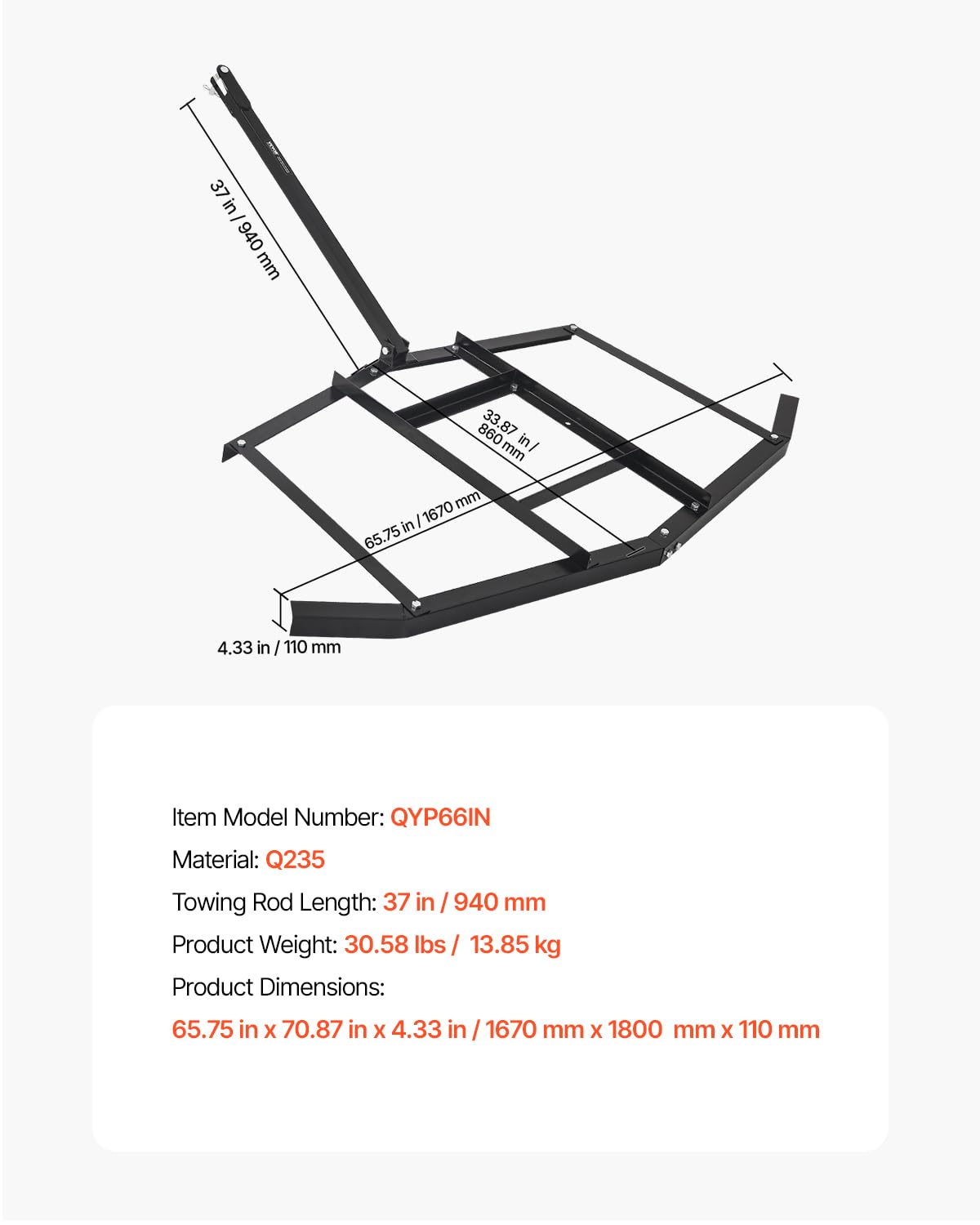 VEVOR drag harrow uses a 1.77 inch hitch to fit multiple tractors.