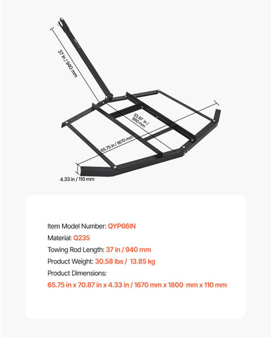 VEVOR drag harrow uses a 1.77 inch hitch to fit multiple tractors.