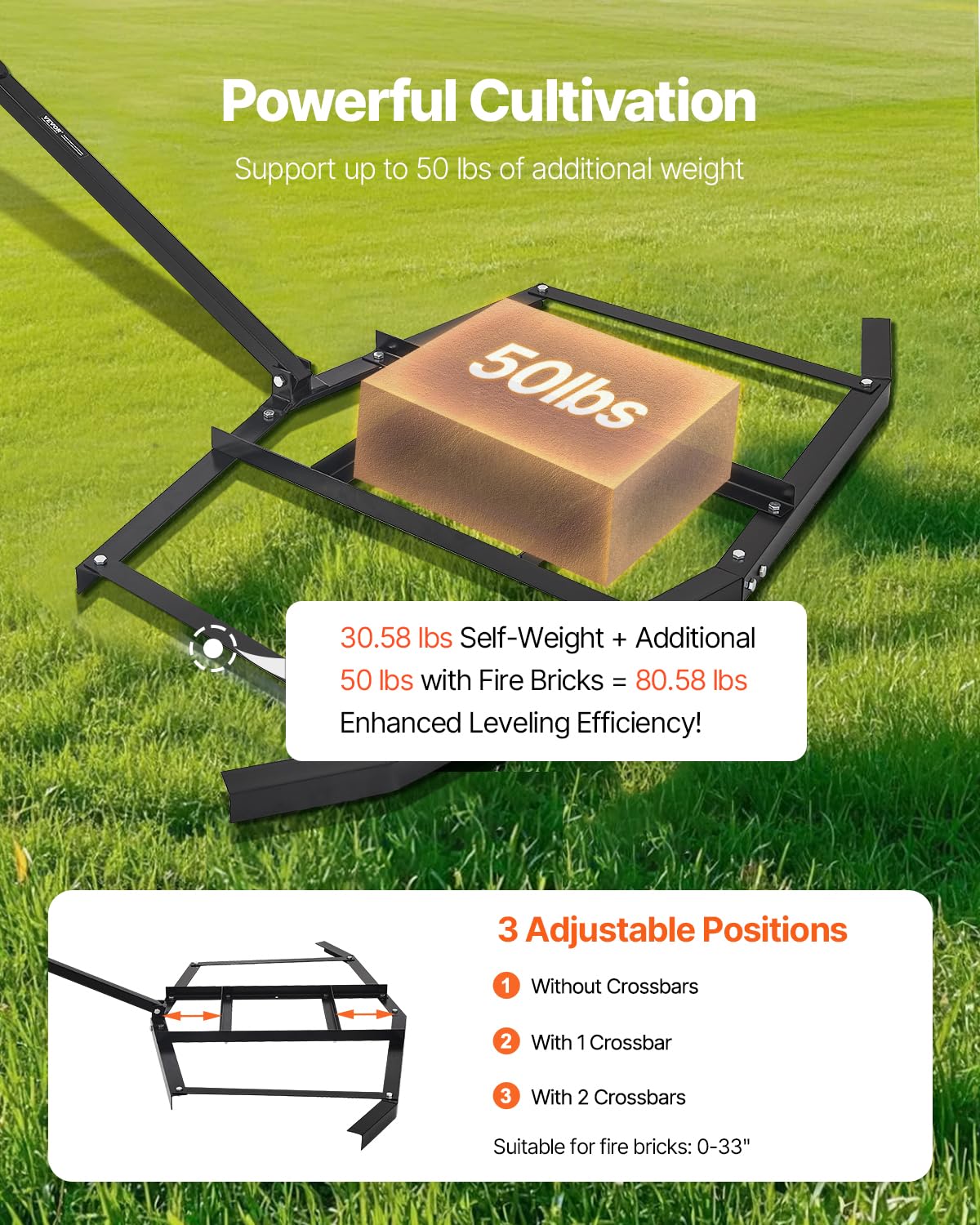 VEVOR drag harrow payload capacity demonstrates up to 50 pounds of load.