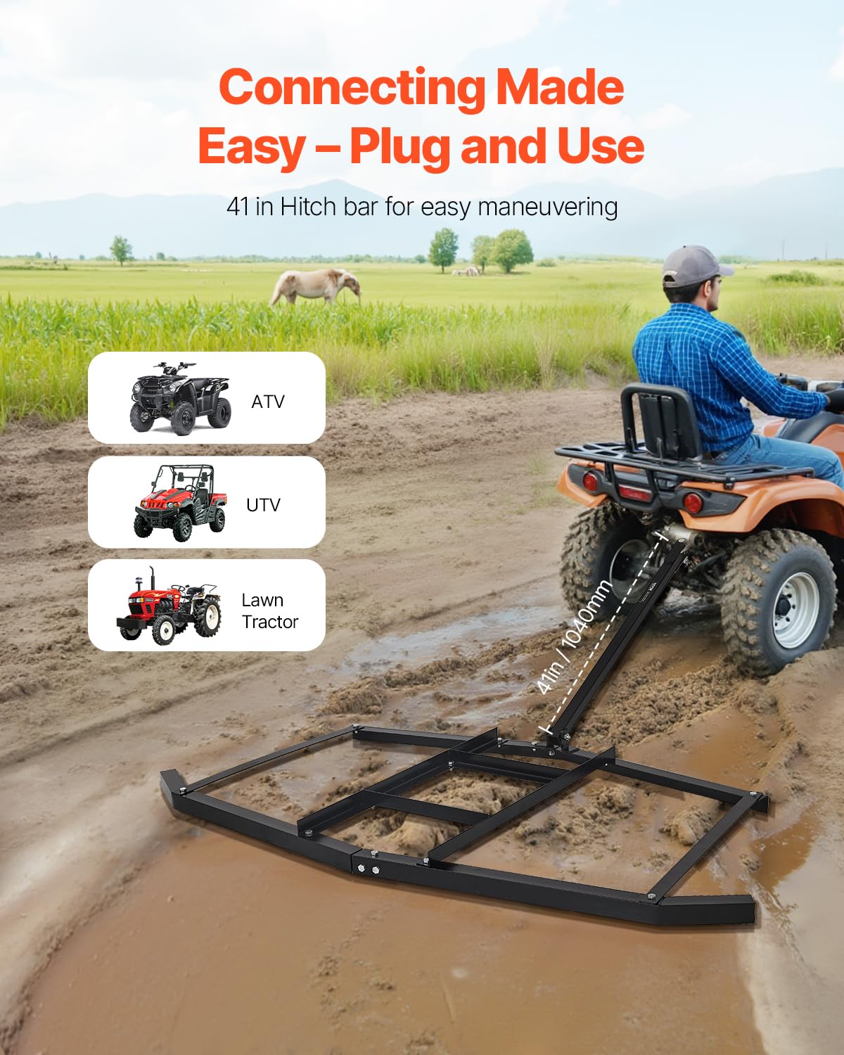 VEVOR Drag Harrow with pin hitch for easy ATV or UTV attachment.