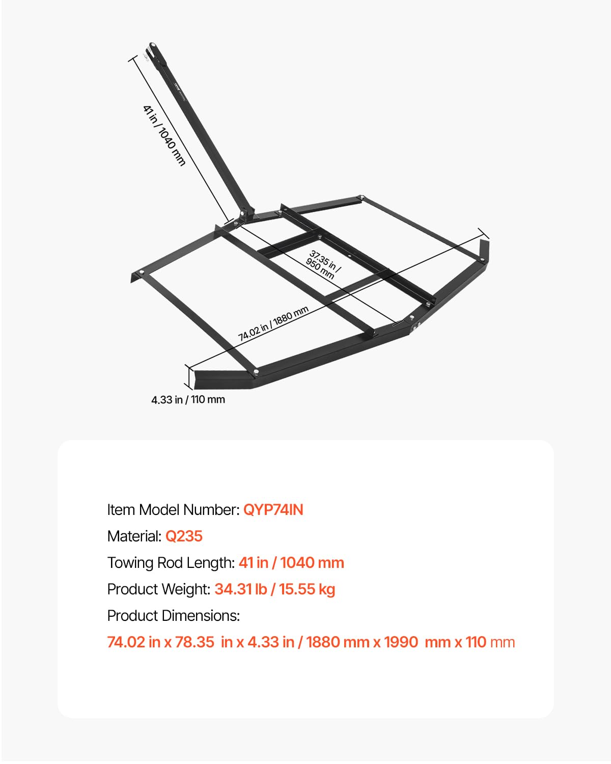 VEVOR Drag Harrow rust-resistant coating supports long-term outdoor use.