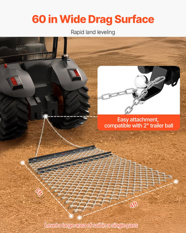 Universal hitch on VEVOR drag harrow fits ATVs, UTvs, tractors for versatile mounting