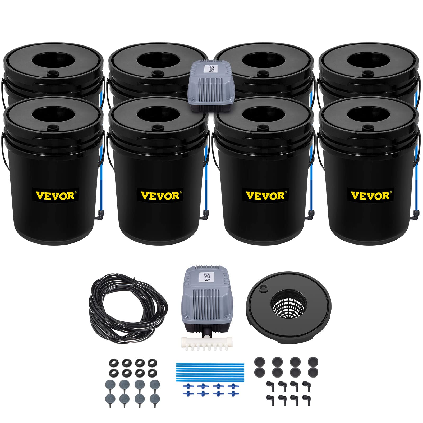 VEVOR DWC 8-buckets system demonstrates a compact soil-free setup ideal for home gardens