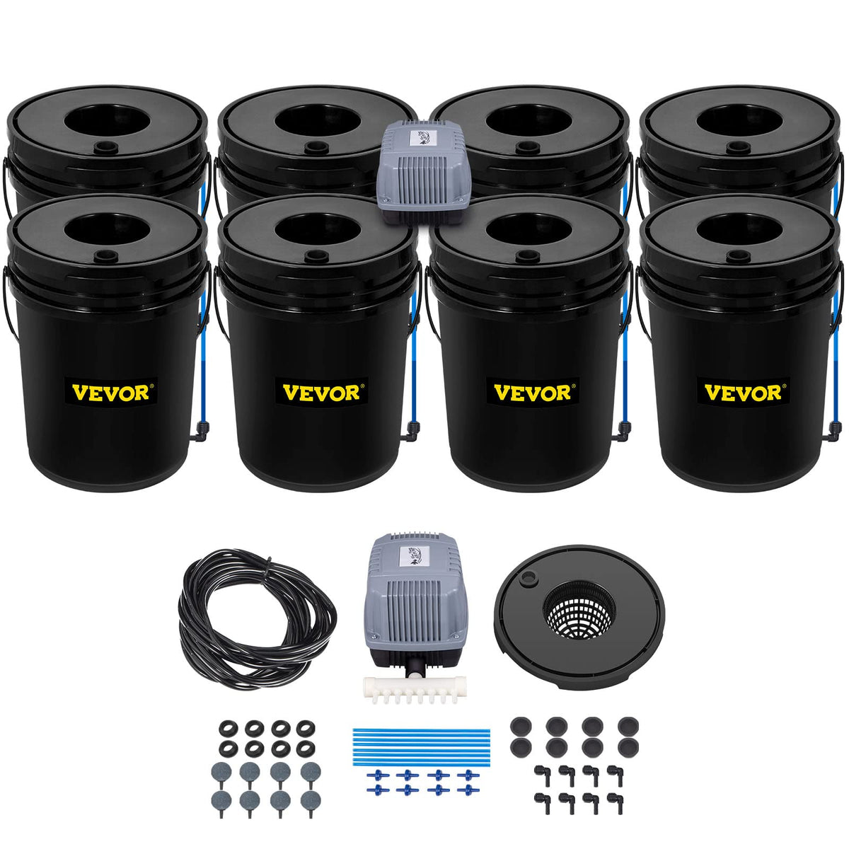 VEVOR DWC 8-buckets system demonstrates a compact soil-free setup ideal for home gardens