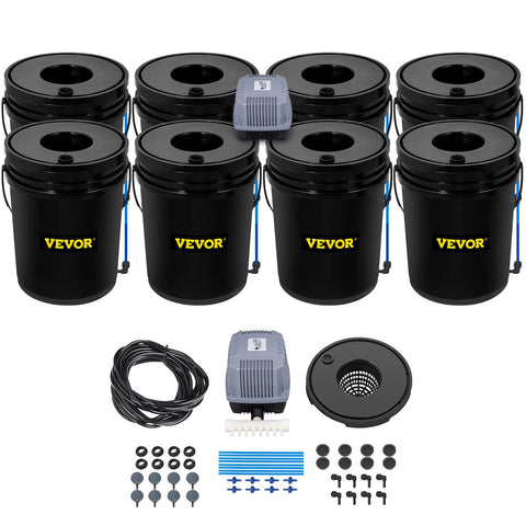 VEVOR DWC 8-buckets system demonstrates a compact soil-free setup ideal for home gardens