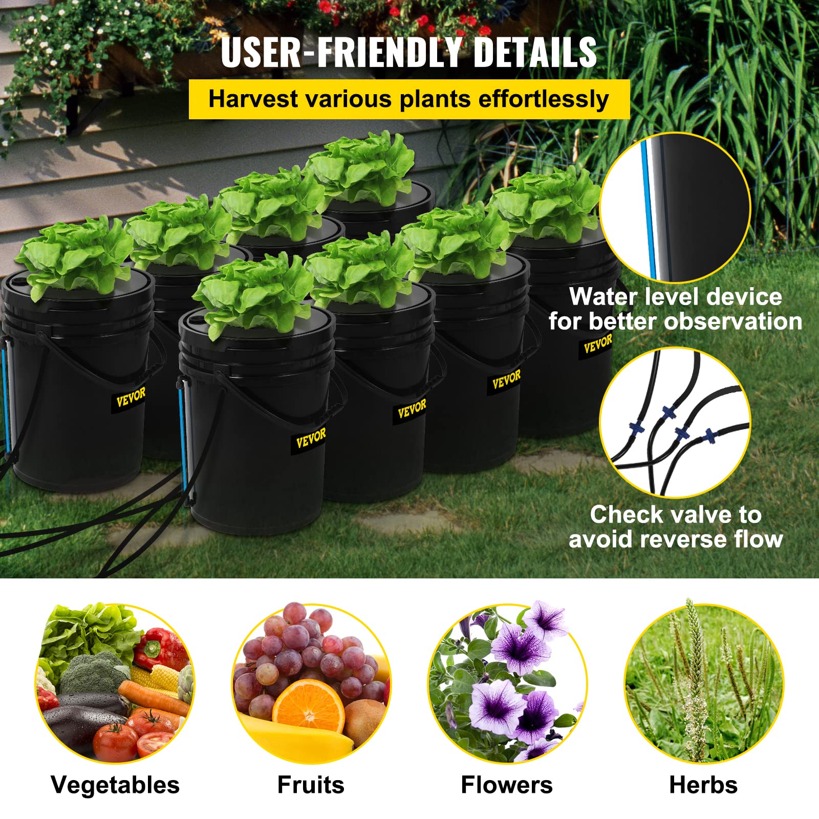 VEVOR DWC sealing rings and inline valves ensure leak-free operation during harvest