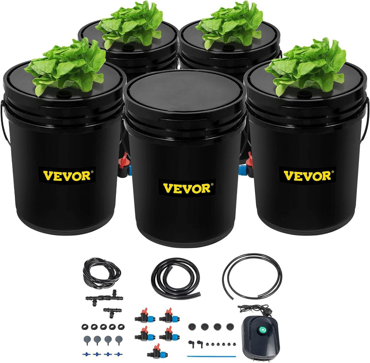 VEVOR DWC system with five buckets ready for soil-free leafy greens at home