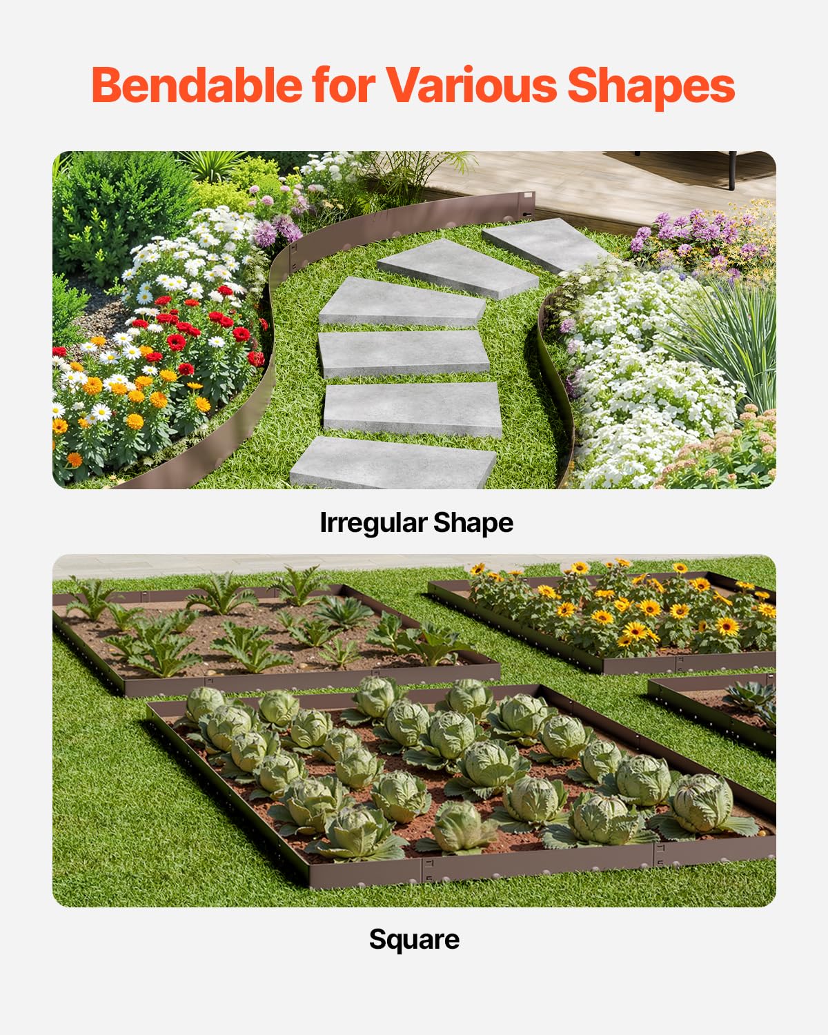 Easy-install metal edging with extended spikes ensures secure ground penetration.