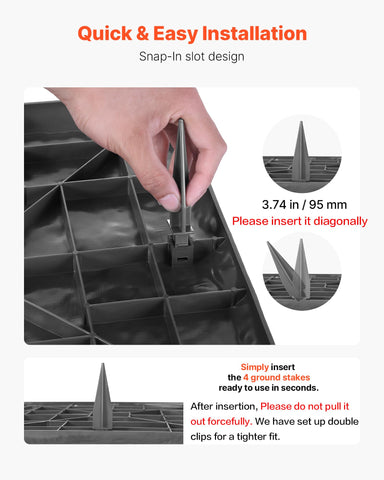 Simple, tool-free installation with corner slots and stakes.