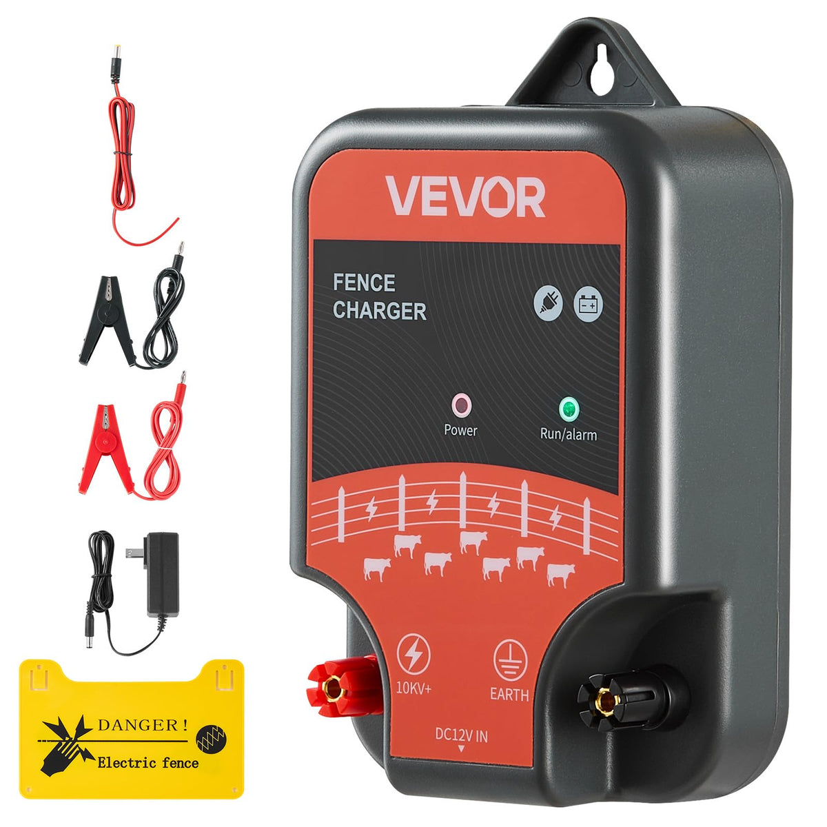 VEVOR Electric Fence Charger front view showing compact, rugged design for farm use.