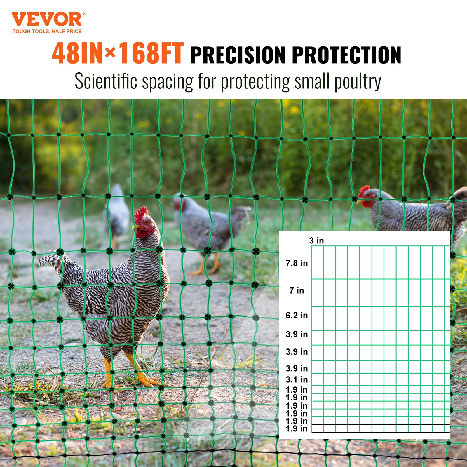 VEVOR grid close-up shows evenly spaced sections for reliable fencing