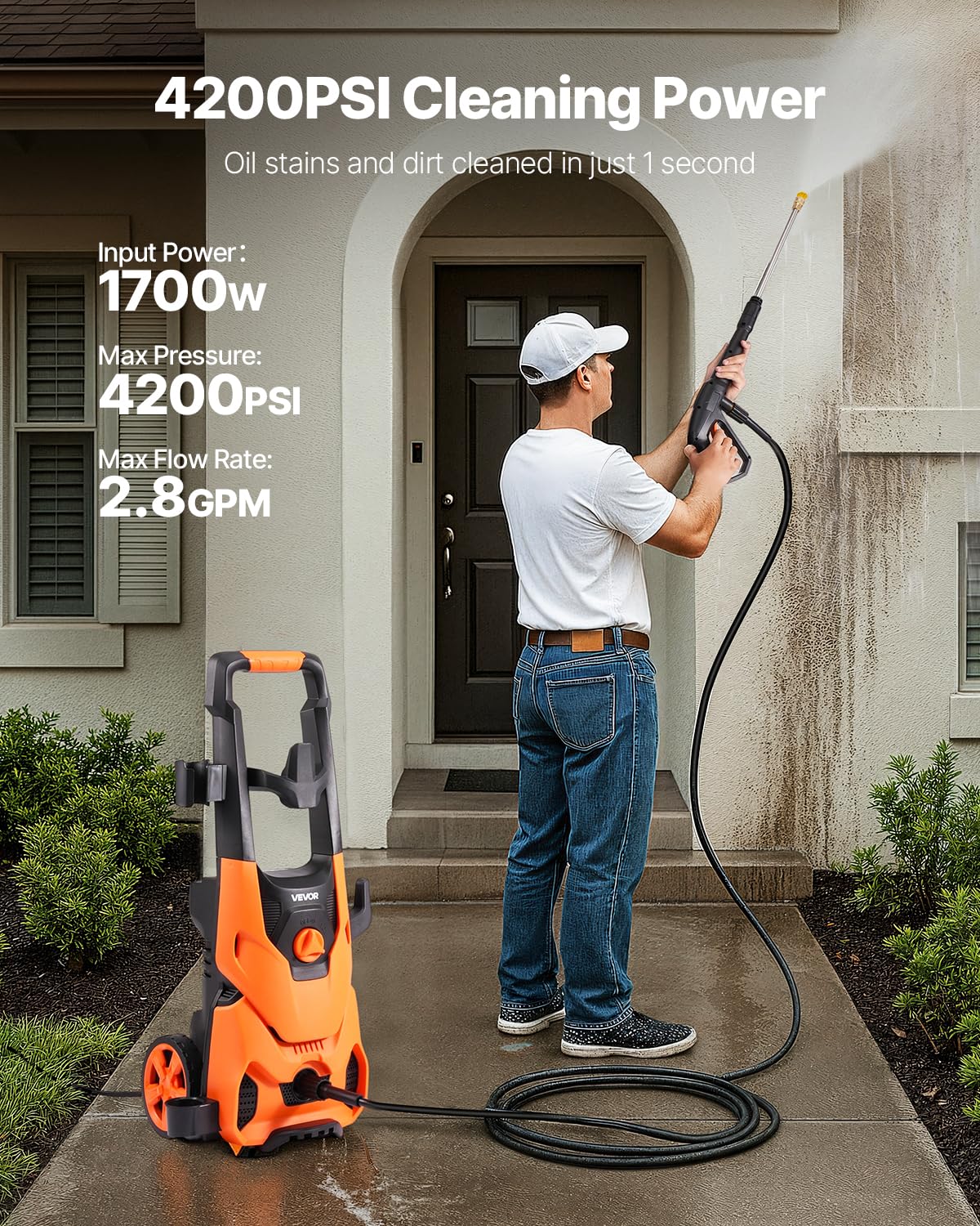 VEVOR electric pressure washer motor close-up demonstrates strong 1700W power for quick cleanup