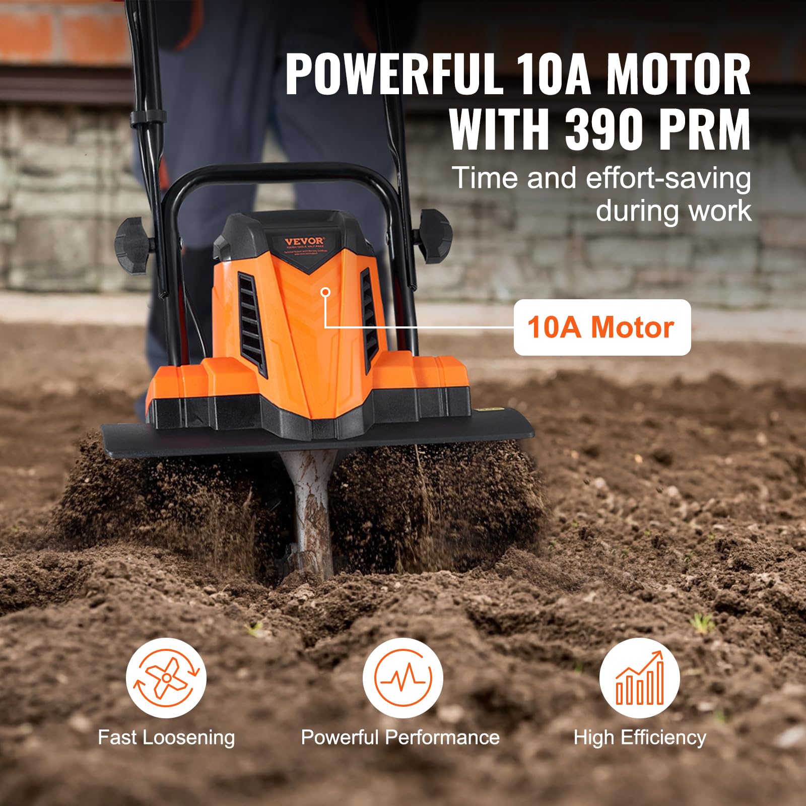 VEVOR rototiller with 179mm blade for strong soil breakdown.