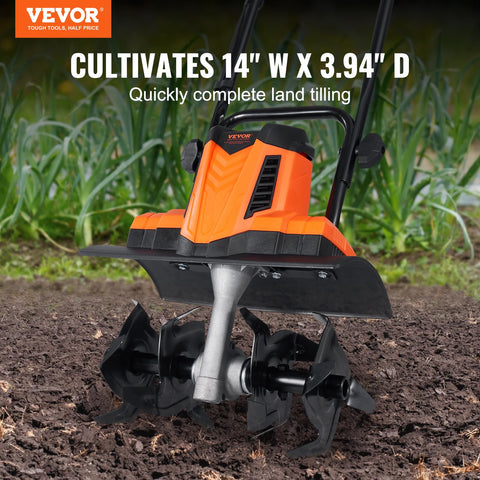 VEVOR electric tiller showing 3.94-inch depth for thorough soil loosening.