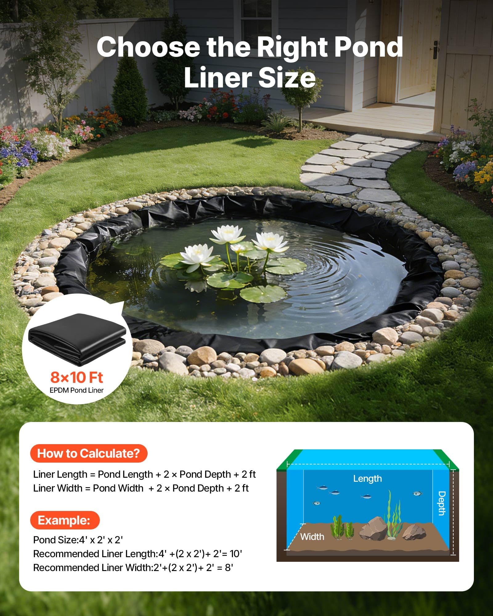 VEVOR EPDM rubber liner withstands sun and weather for long-lasting outdoor ponds.