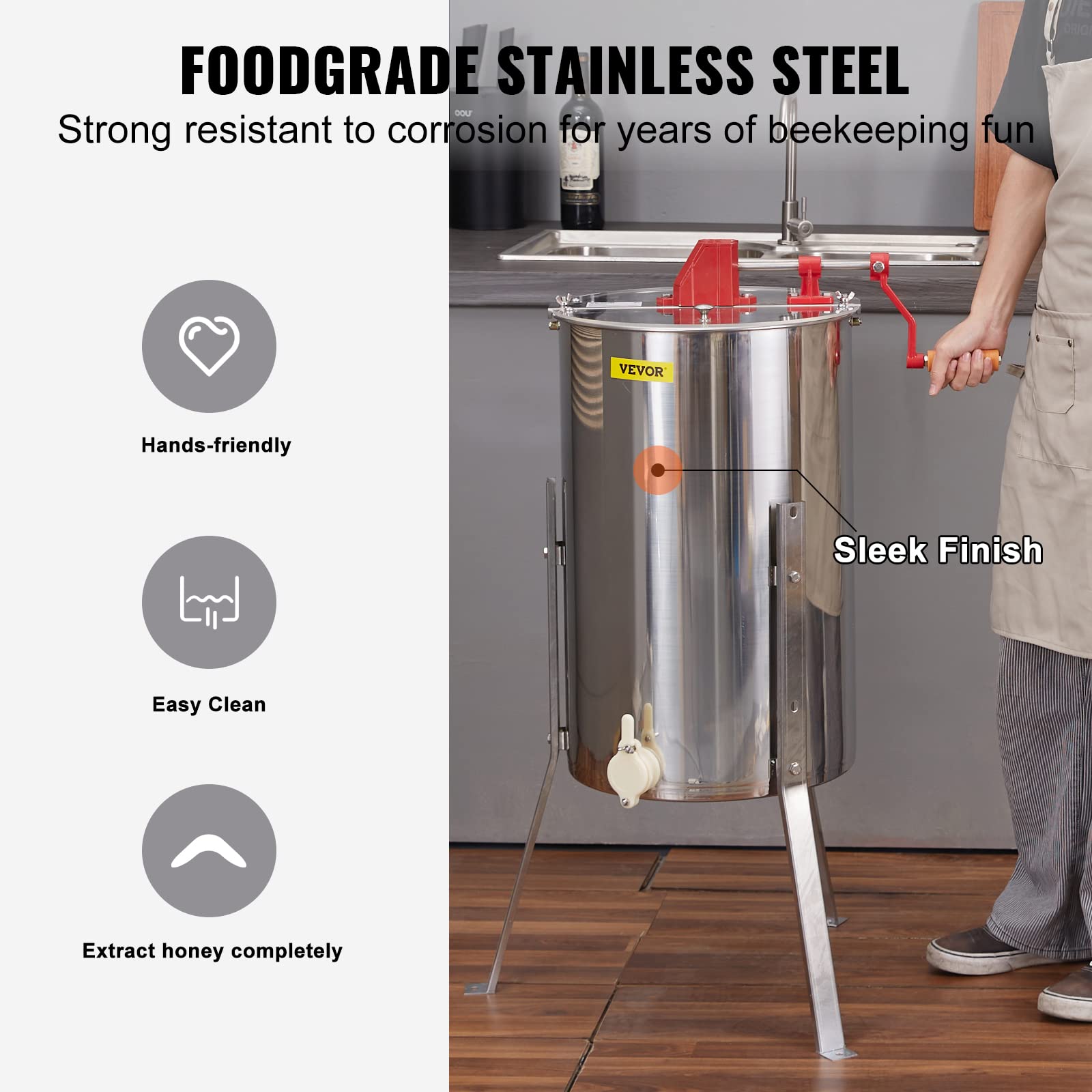 VEVOR ergonomic hand crank enables smooth, low-effort honey extraction.