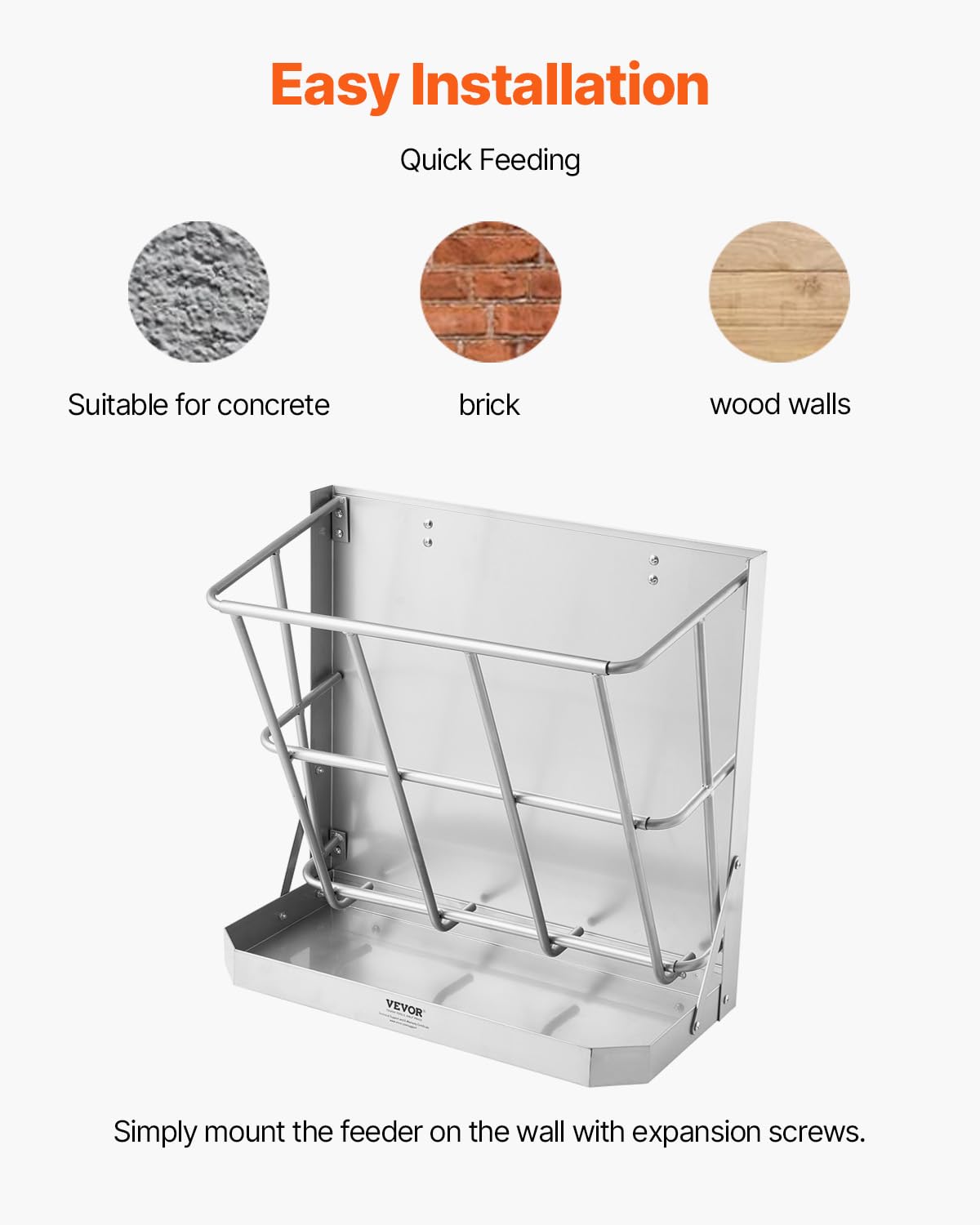 VEVOR feed tray close-up shows 2.5-gallon capacity for balanced rations