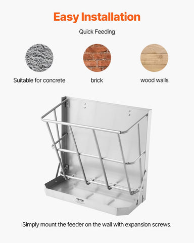 VEVOR feed tray close-up shows 2.5-gallon capacity for balanced rations