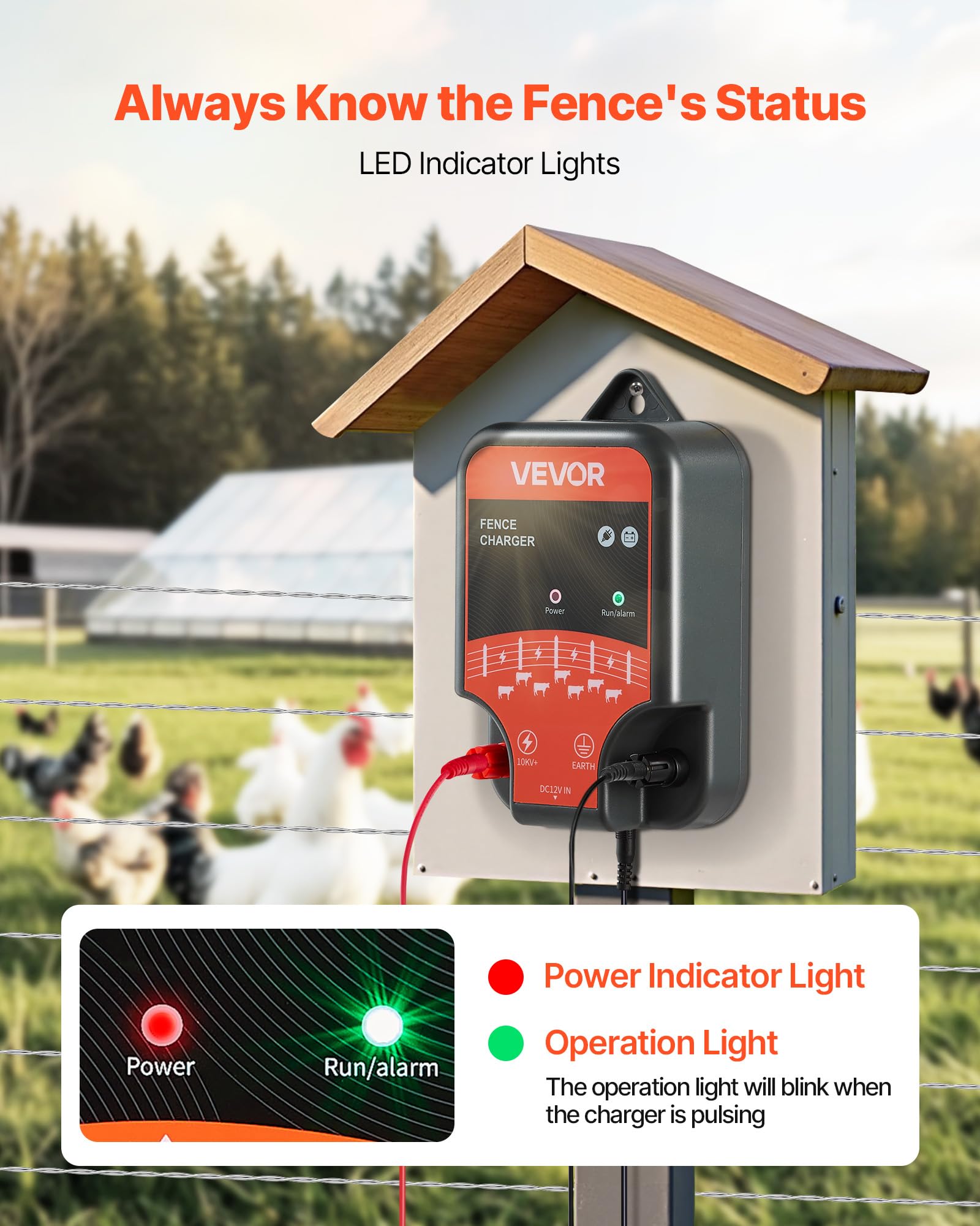 VEVOR fence energizer with AC/DC/solar power options supports off-grid operation.