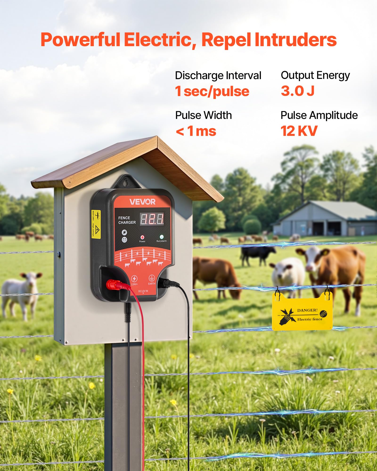 VEVOR fence energizer LED indicator showing pulse status for quick monitoring