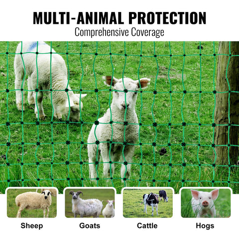 Farm setup with goats and sheep restrained by VEVOR netting