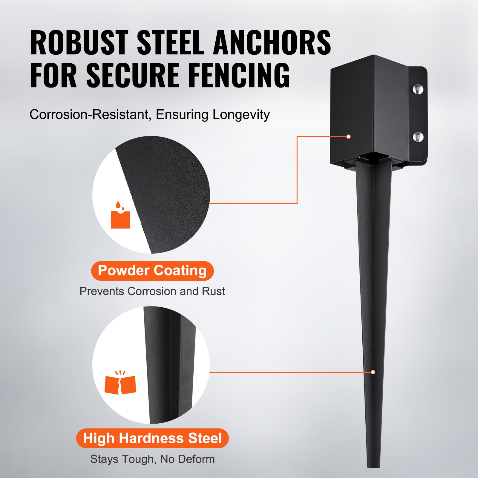 Powder-coated surface resists rust on VEVOR fence post anchors