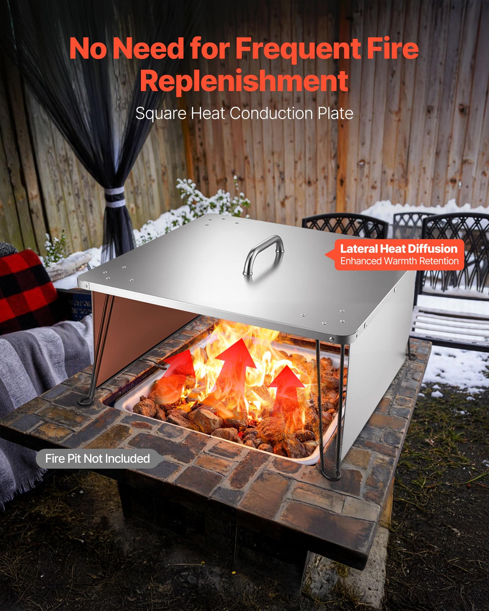 VEVOR Fire Pit Heat Deflector side angle demonstrates stable four-point support for safety.