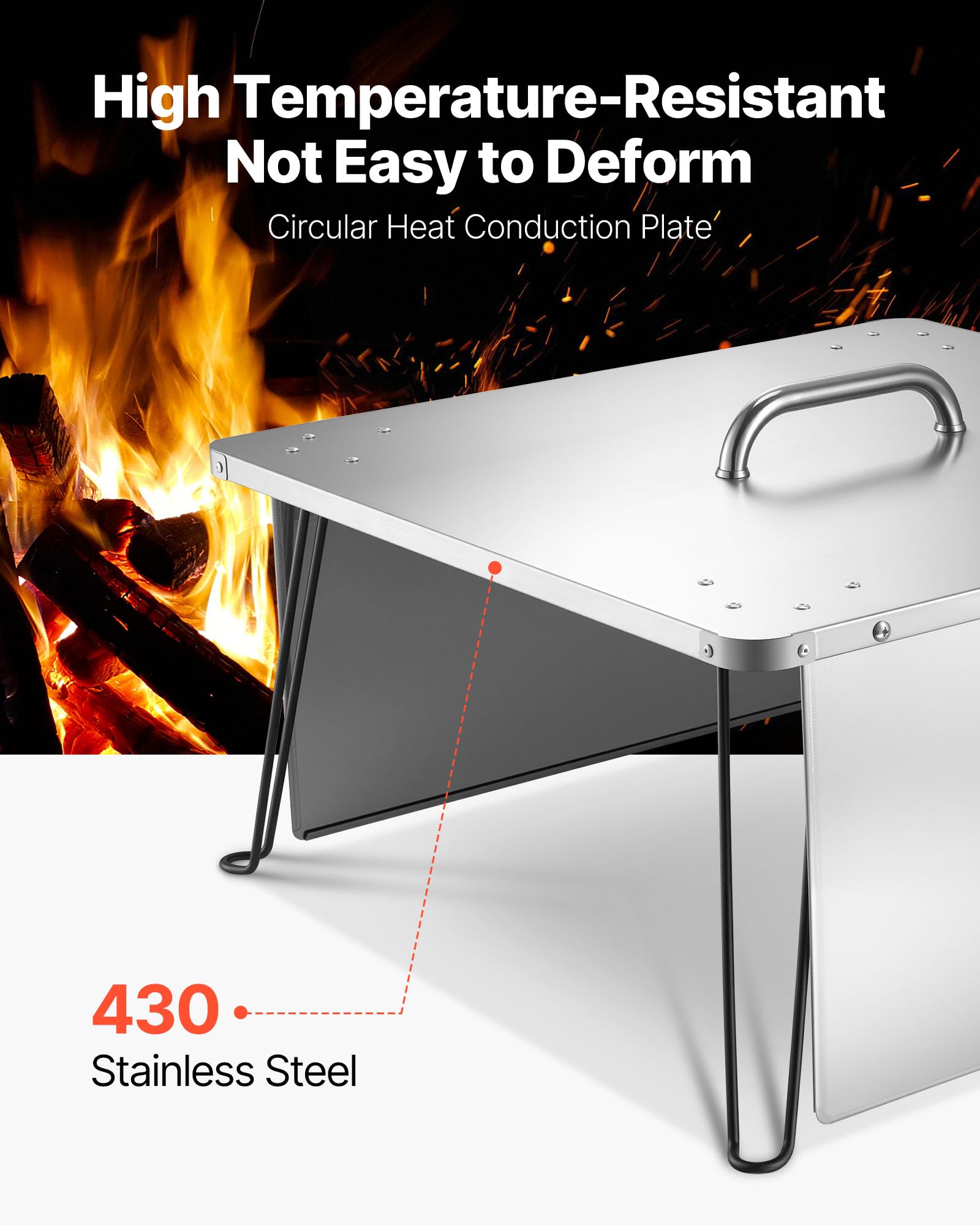 VEVOR Fire Pit Heat Deflector stainless steel material highlights rust resistance and durability.