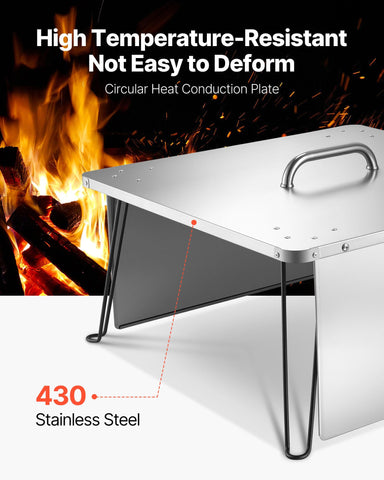 VEVOR Fire Pit Heat Deflector stainless steel material highlights rust resistance and durability.