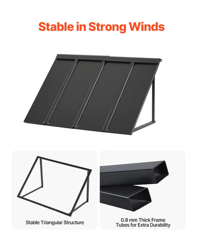 VEVOR fixed metal awning 44x24 triangle-frame highlights wind-resistance and stability.