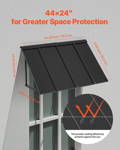 VEVOR fixed metal awning 44x24 water-drainage design prevents pooling on roof.