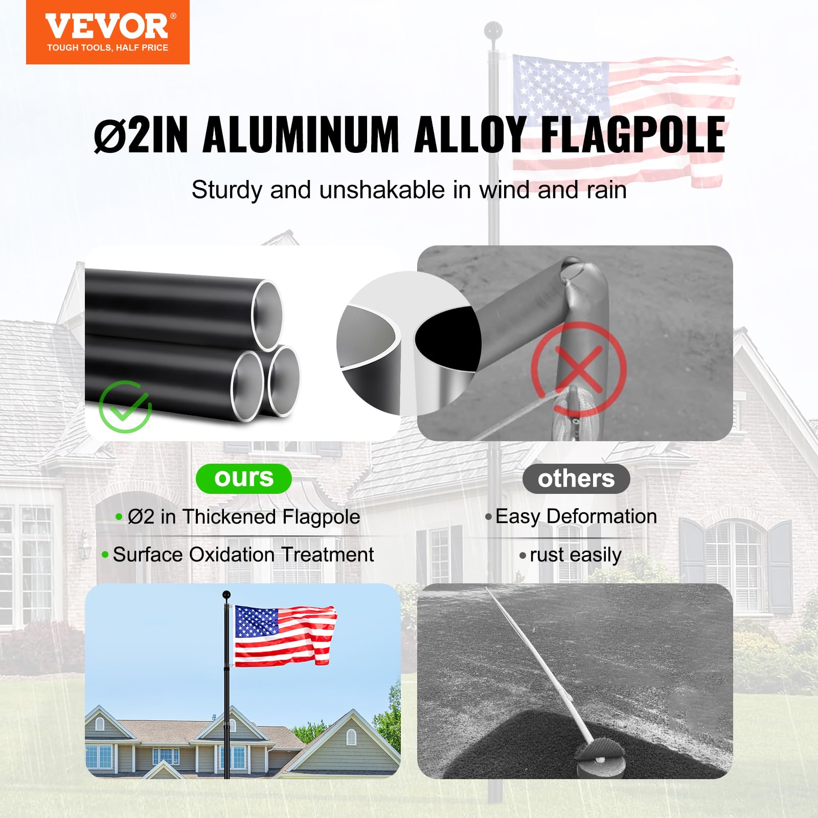 VEVOR outdoor flag pole with in-ground installation accessories for quick setup.
