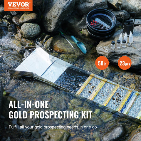 VEVOR folding aluminum sluice box deployed for portable river mining use.