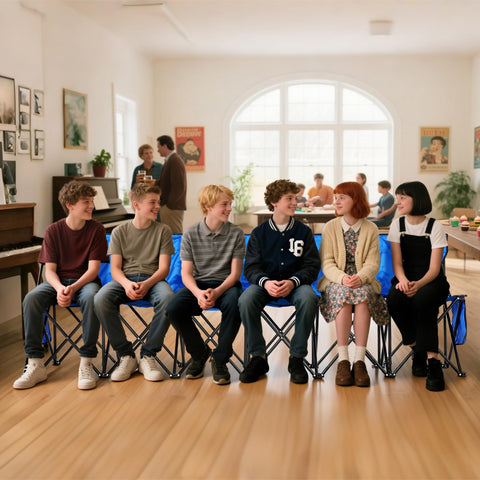 VEVOR six-seat folding bench blue with side pockets for coach gear and essentials