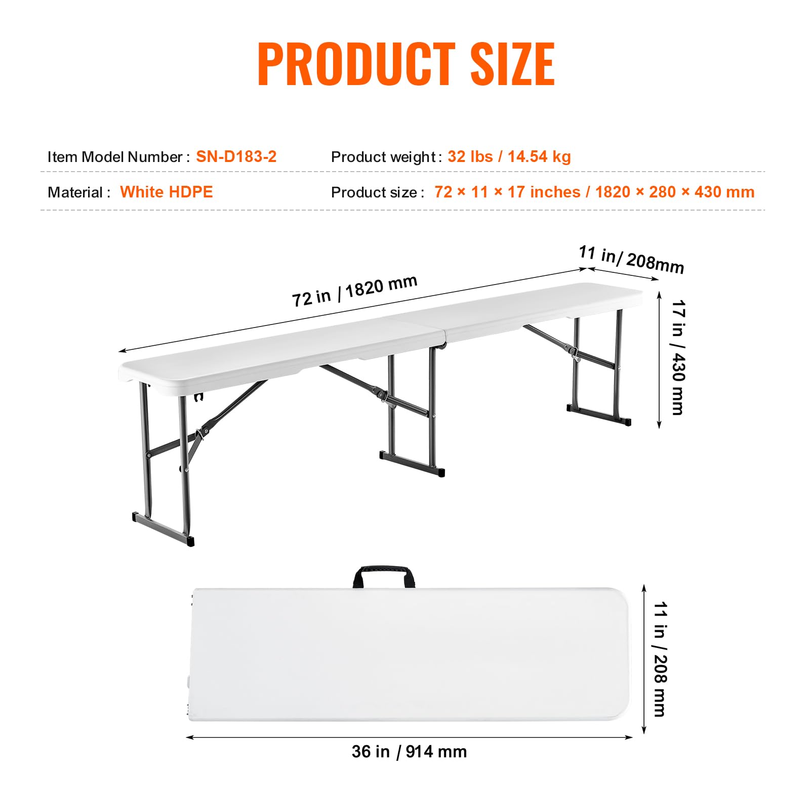 VEVOR folding bench with sturdy legs for stable seating.