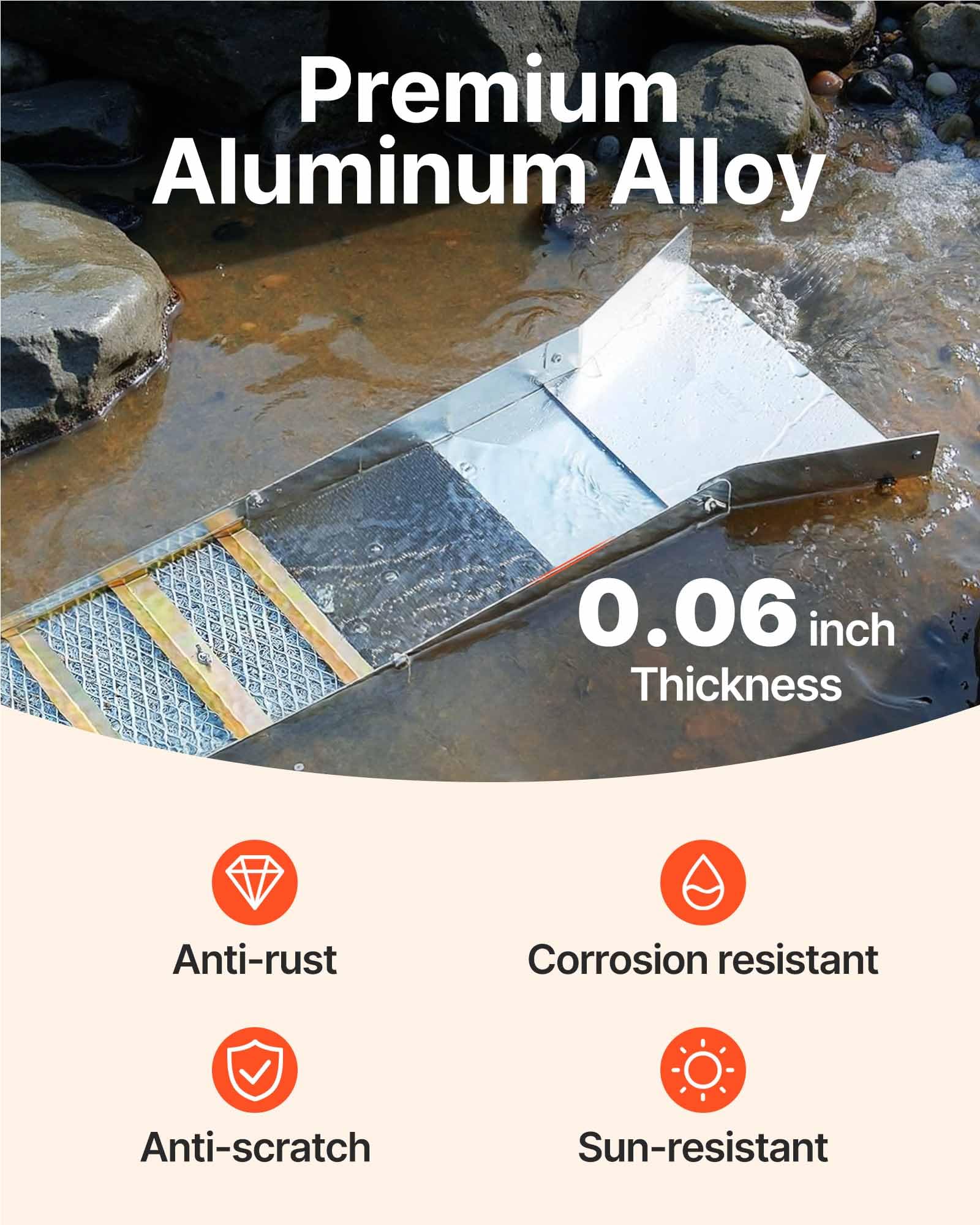 VEVOR folding sluice box aluminum alloy close-up highlights durable rust-proof construction.