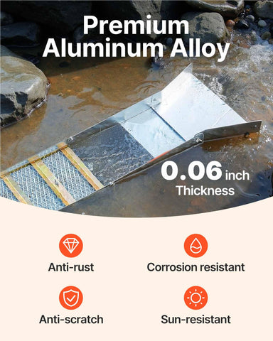 VEVOR folding sluice box aluminum alloy close-up highlights durable rust-proof construction.