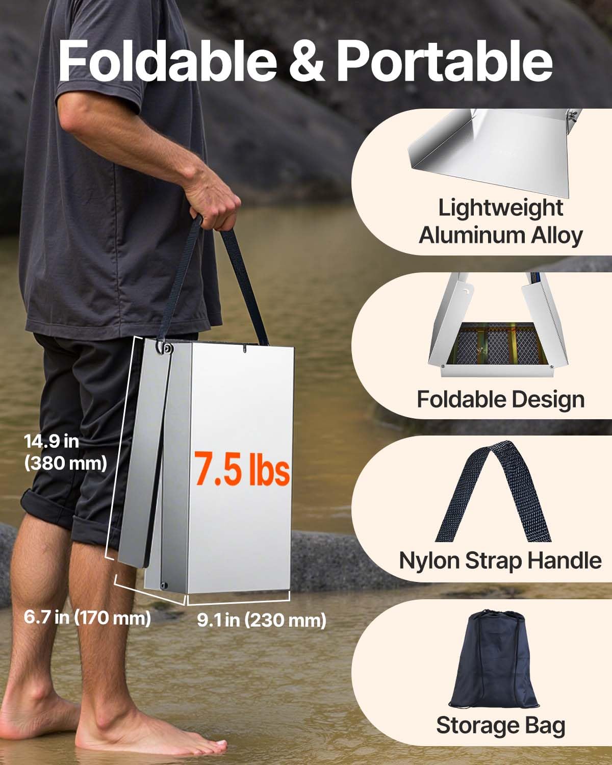 VEVOR folding sluice box backpack-ready setup shown for quick field deployment.