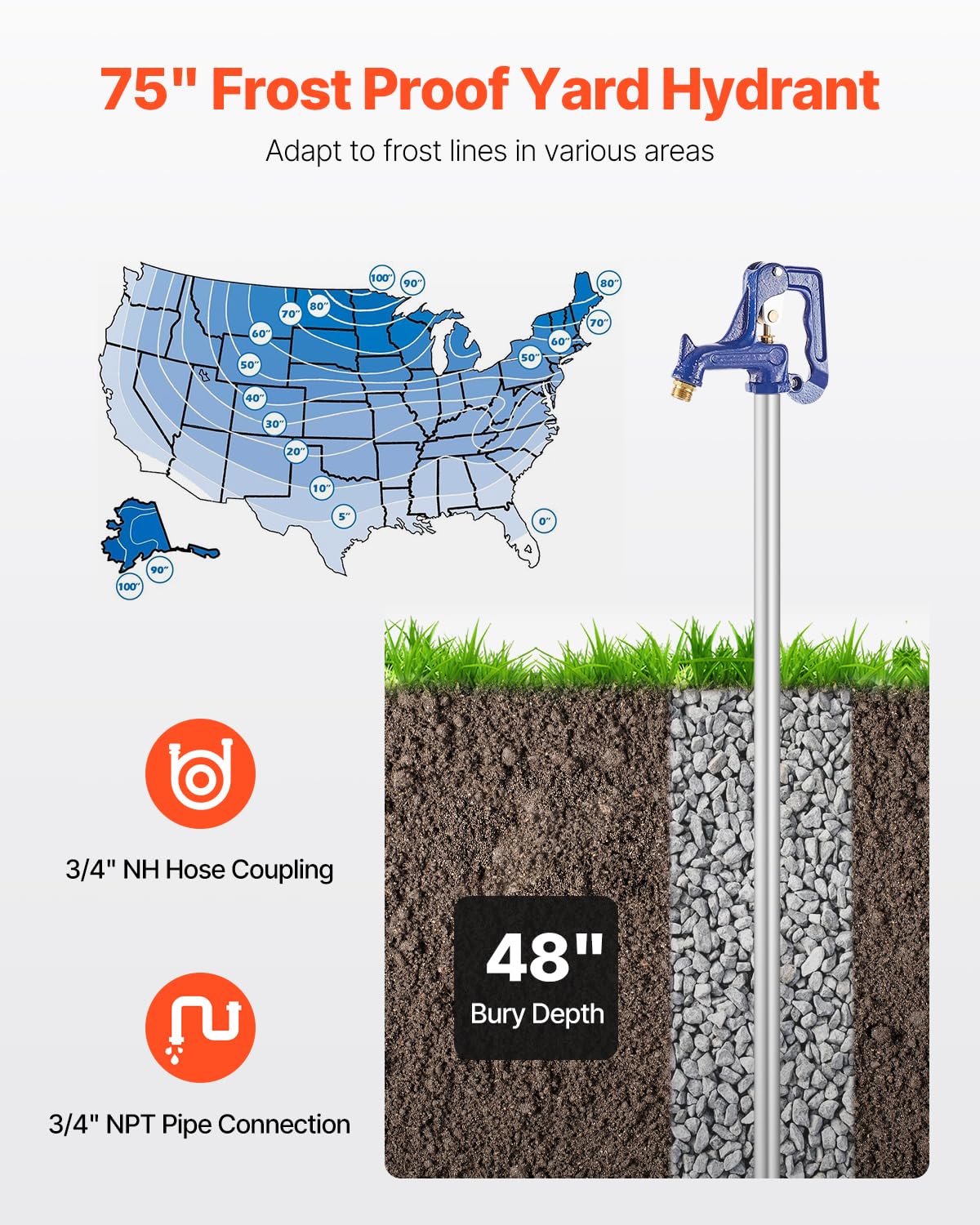 VEVOR hydrant with 3/4 in NH hose coupling enables easy watering.