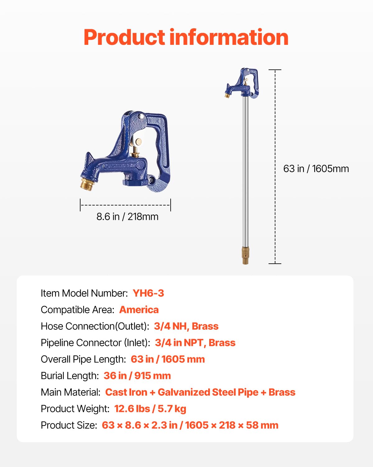 VEVOR Frost Proof Yard Hydrant 3/4 NH hose connection for outdoor use