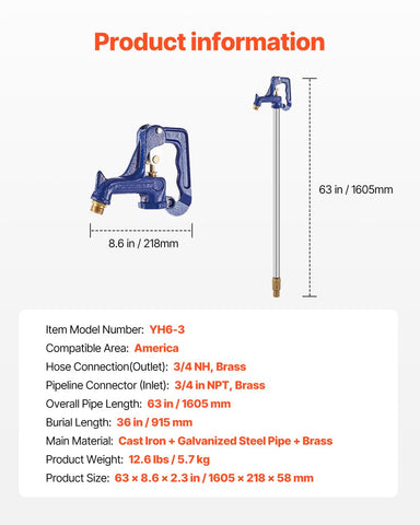 VEVOR Frost Proof Yard Hydrant 3/4 NH hose connection for outdoor use