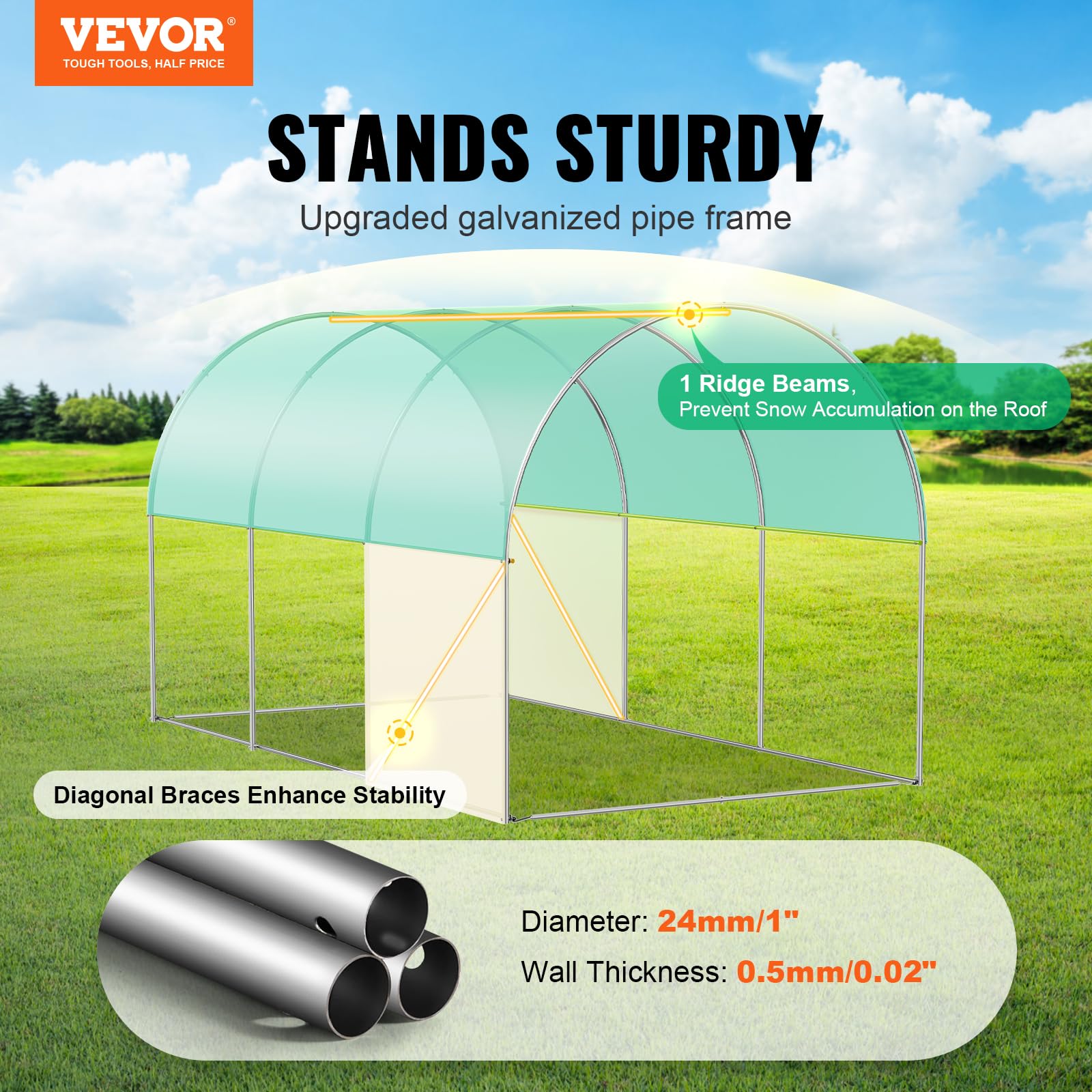 VEVOR galvanized frame detail showing strengthened support for harsh weather