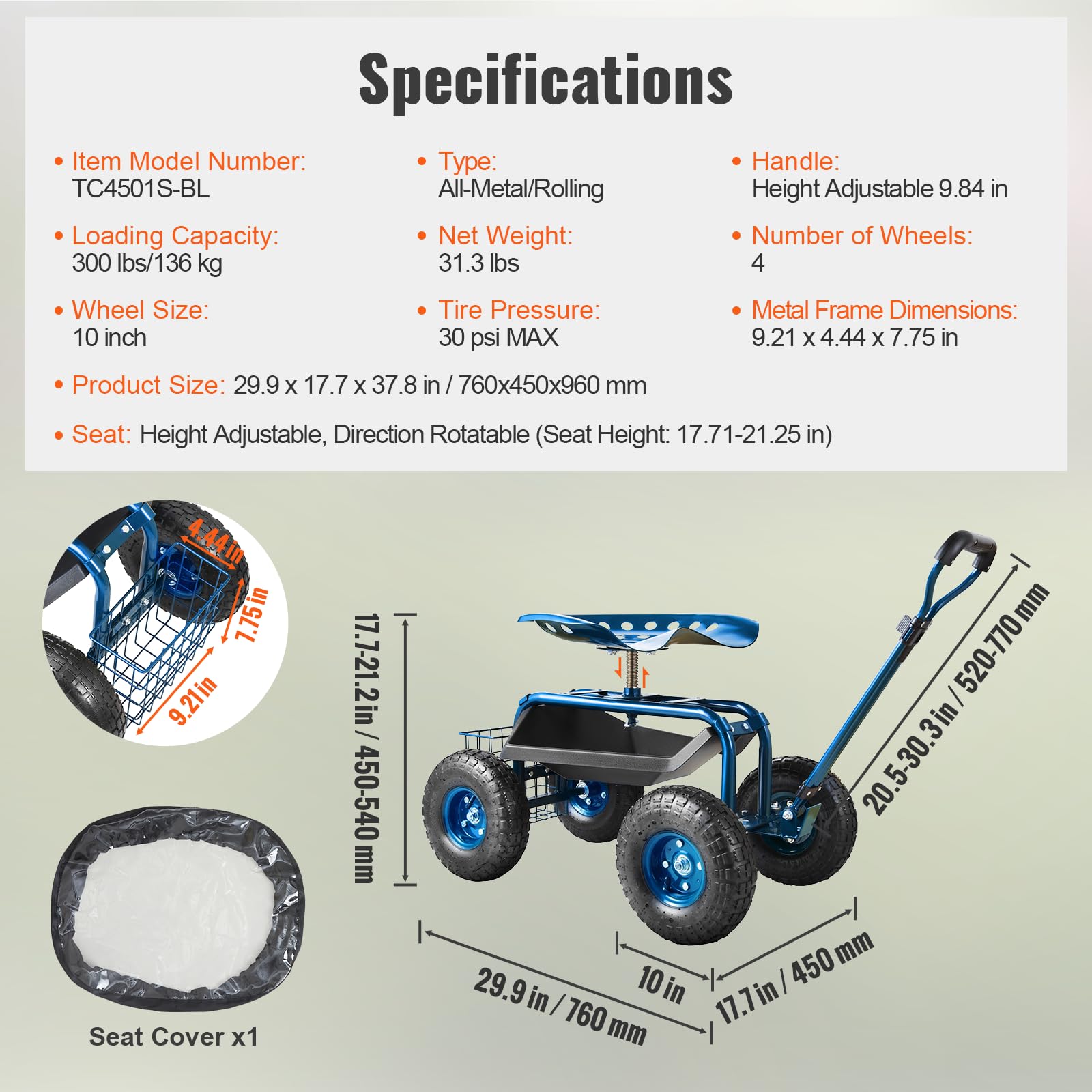 VEVOR garden cart protective seat cover preserves the seat during use.
