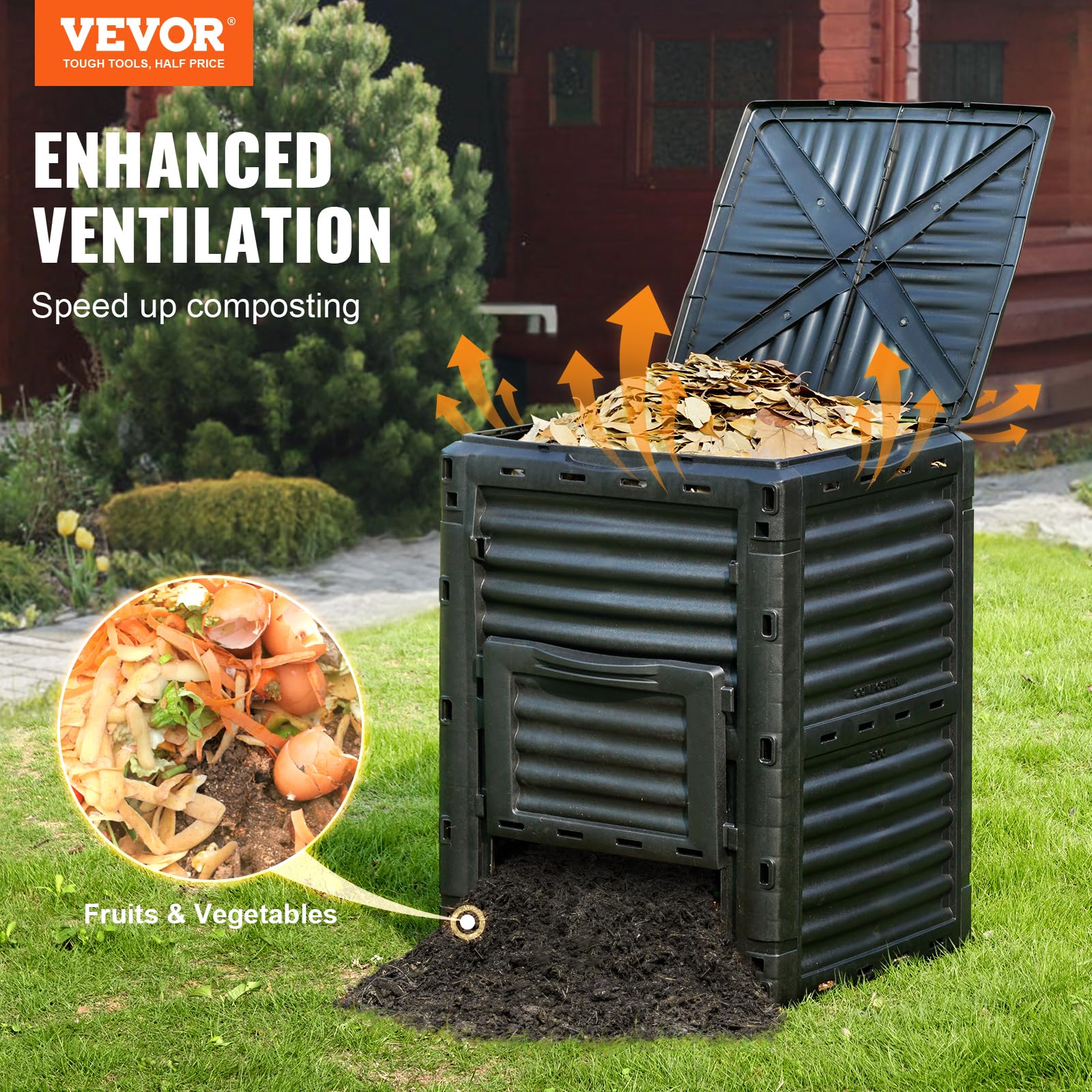 VEVOR garden compost bin 80 gallon top lid securely closed.